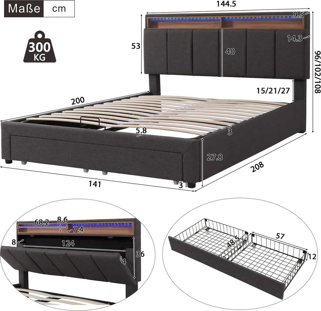 Lit Double 140x200cm Boxspring Hydraulique en Lin avec LED Design - 4