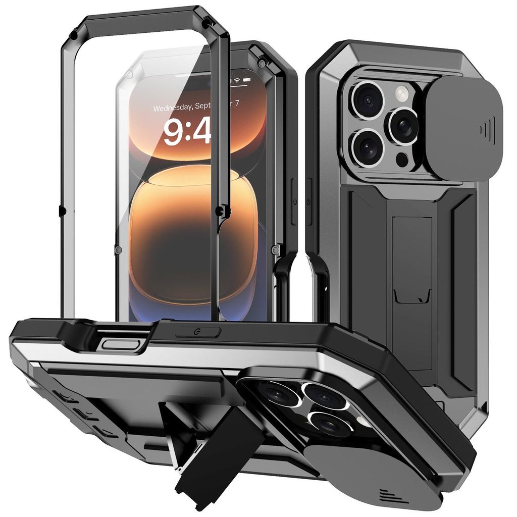 R-JUST Hülle für iPhone 16 Pro Max IP54 Wasserdicht Stoßfest 360° Rundumschutz mit Schiebbarer Kameraabdeckung Schwarz Aluminium TPU Case