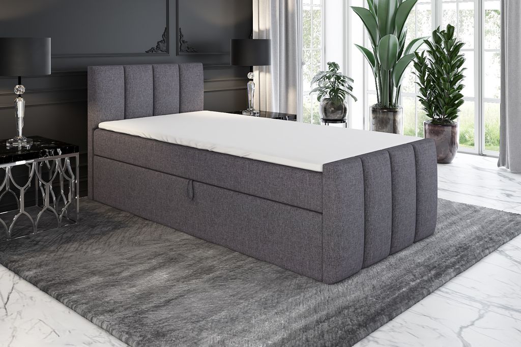 Boxspringbett, Jugendbett FUNI 100x200 (Links) mit Bettkästen, Bonell-Matratze und Topper. Farbe: Grau