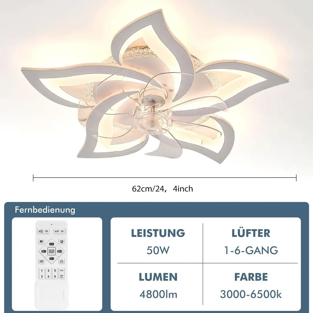 Ventilateur de plafond design fleur 50W silencieux en ABS avec LED