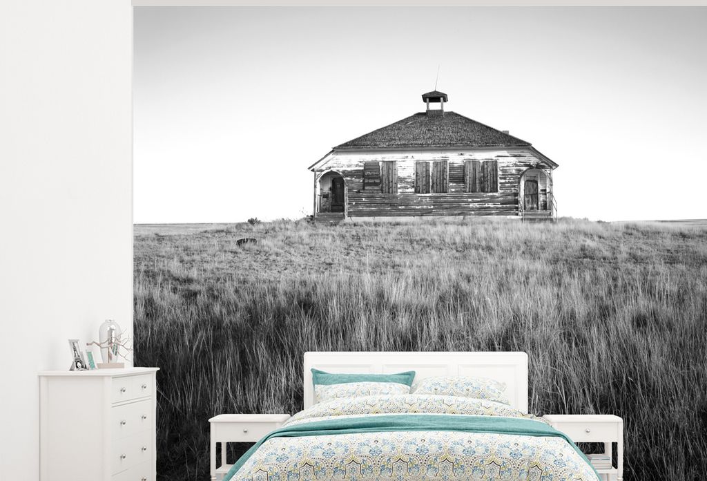 MuchoWow Fototapete für Wohnzimmer oder Schlafzimmer Wandtapete Vinyl Motivtapete Verlassenes Gebäude in Colorado - schwarz und weiß - 325x260...