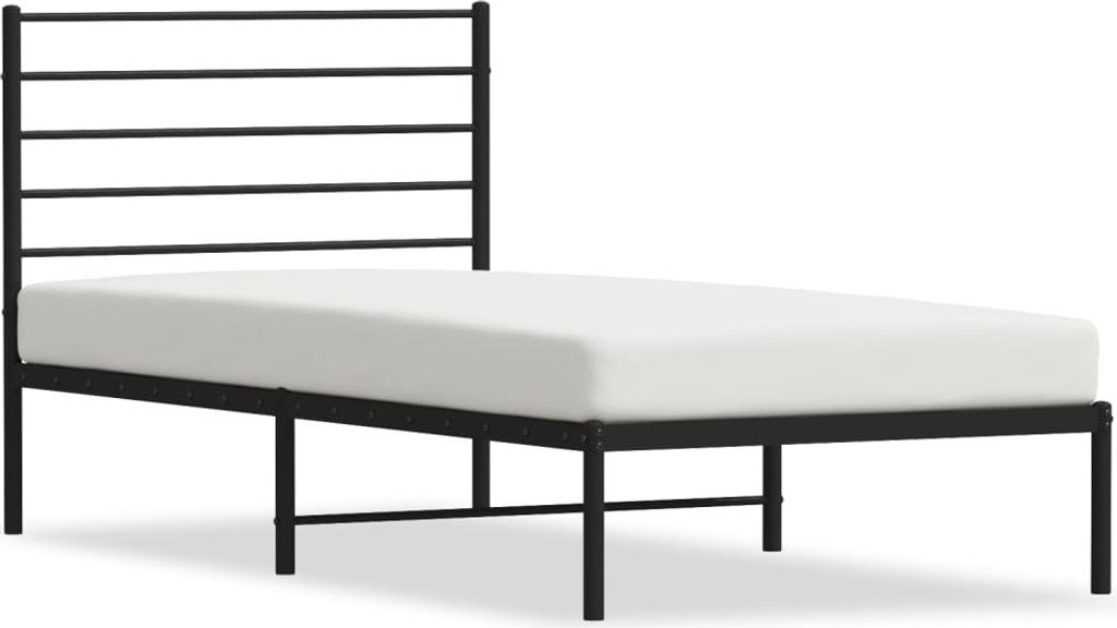 A black metal bed frame with a white mattress is shown against a white background.