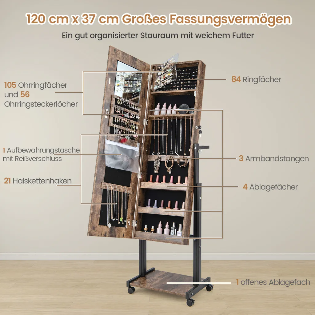 Miroir Psyché Armoire à Bijoux avec Éclairage LED et Rangement Brun - 4