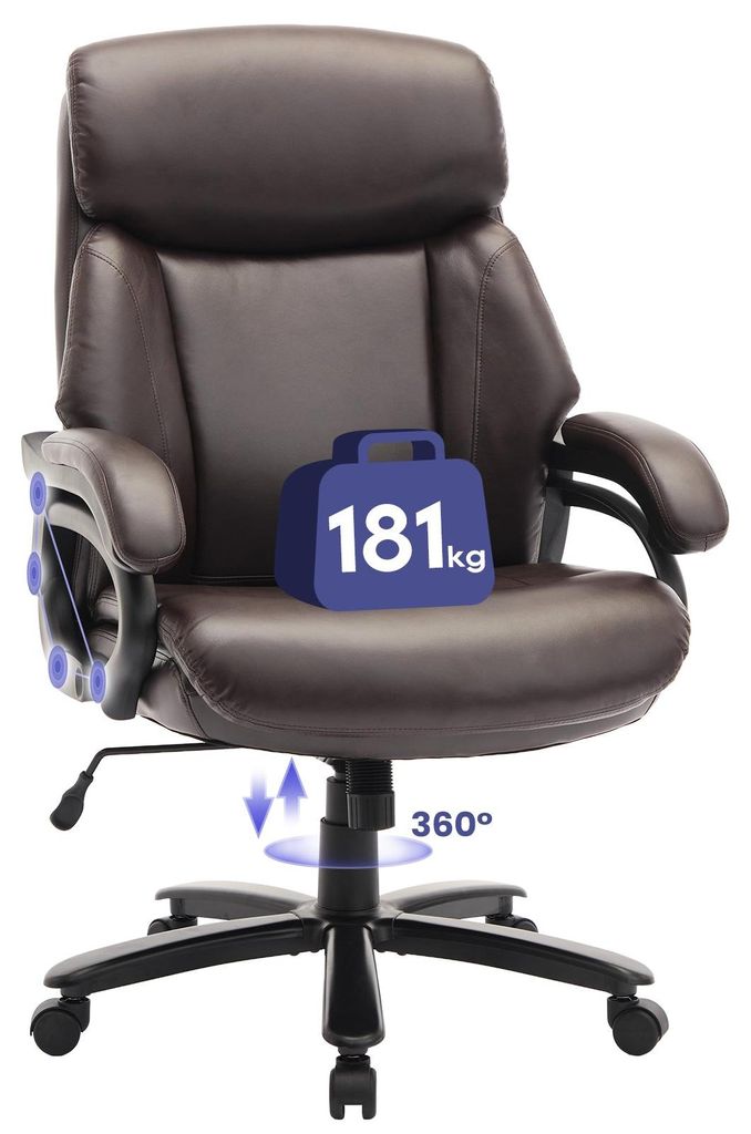 COLAMY Chefsessel aus Kunstleder, Ergonomischer Bürostuhl mit verstellbaren Armlehnen, profilierter Rückenlehne und extra-breiter Sitzfläche, Braun