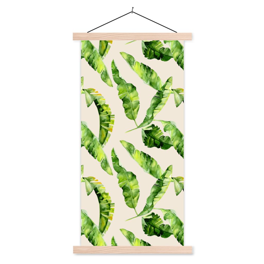 MuchoWow Textilposter Blatt - Tropisch - Muster 60x120 cm mit holzfarbenen Rahmen - Holz