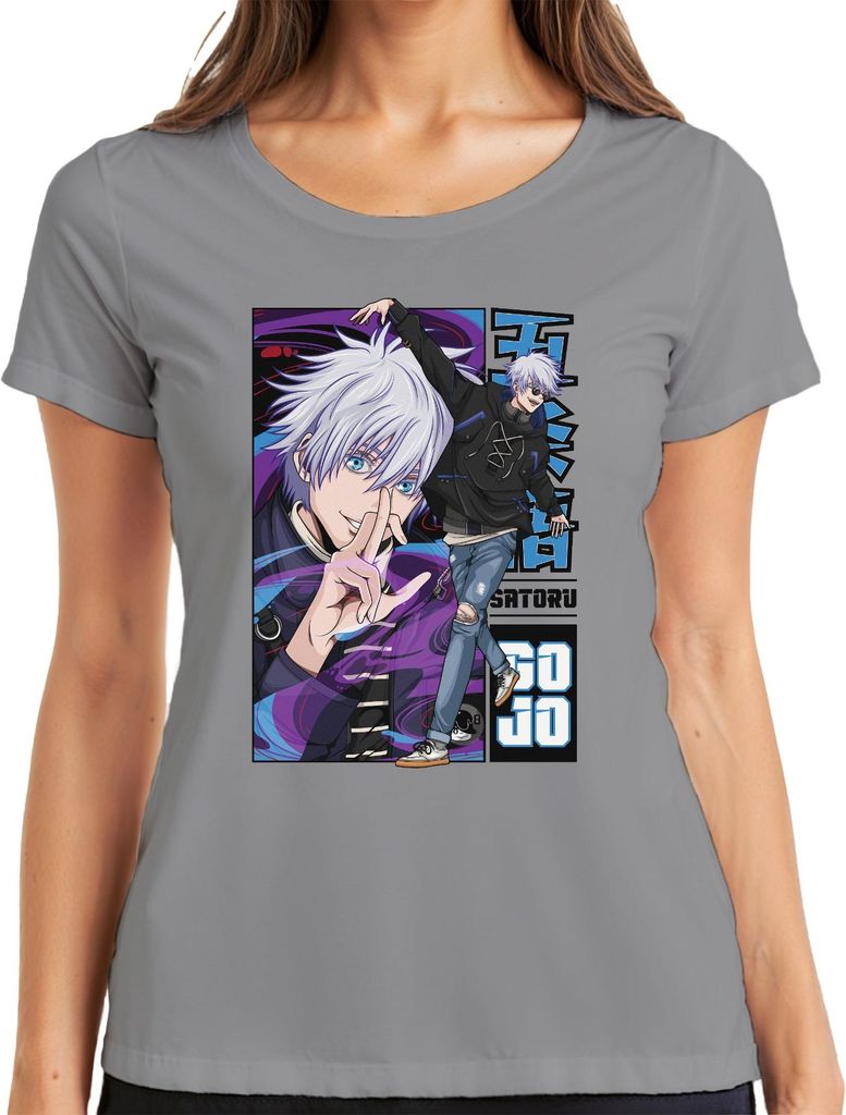 Satoru Gojo Jujutsu Kaisen weißes Haar Haar blaue Augen Fan Damen T-Shirt, Grau, S