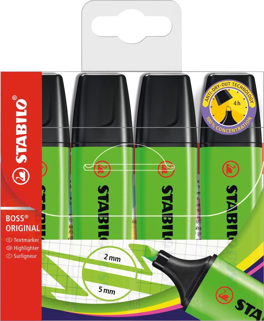 Textmarker - STABILO BOSS ORIGINAL - 4er Pack - grün