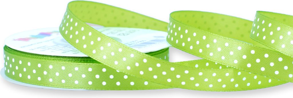Satinband mit Punkten 12mm x 25m Rolle Hellgrün / Maigrün / Weiß