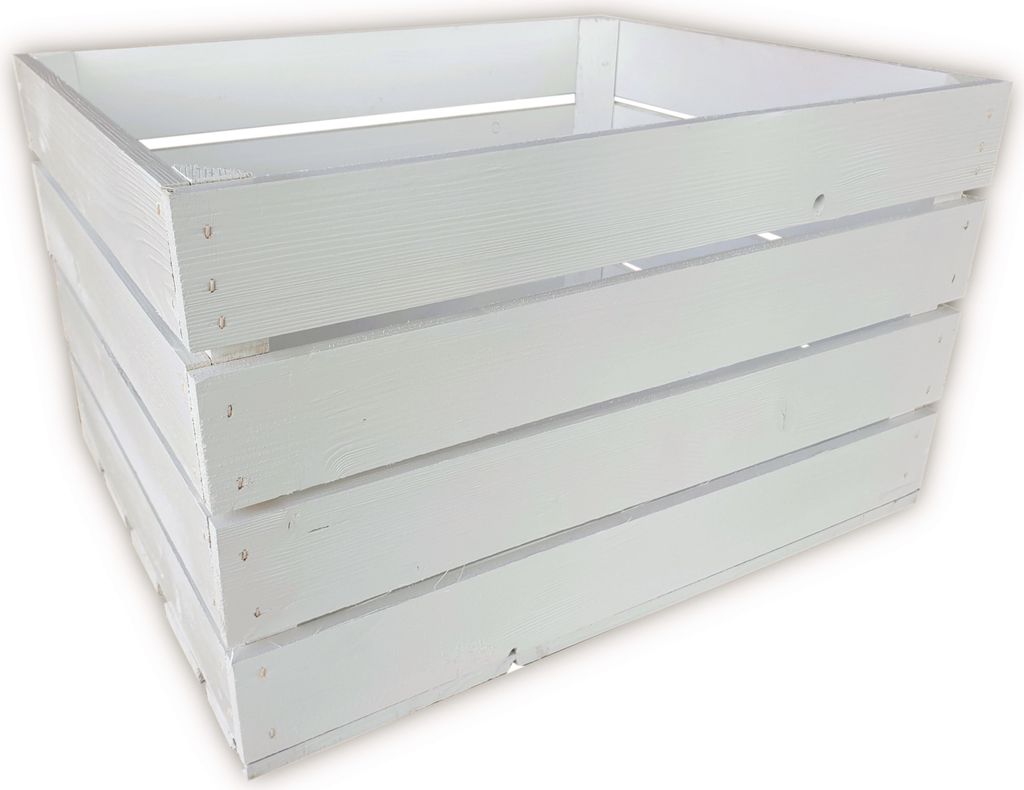 A white wooden crate is shown from a slightly elevated angle against a white background.