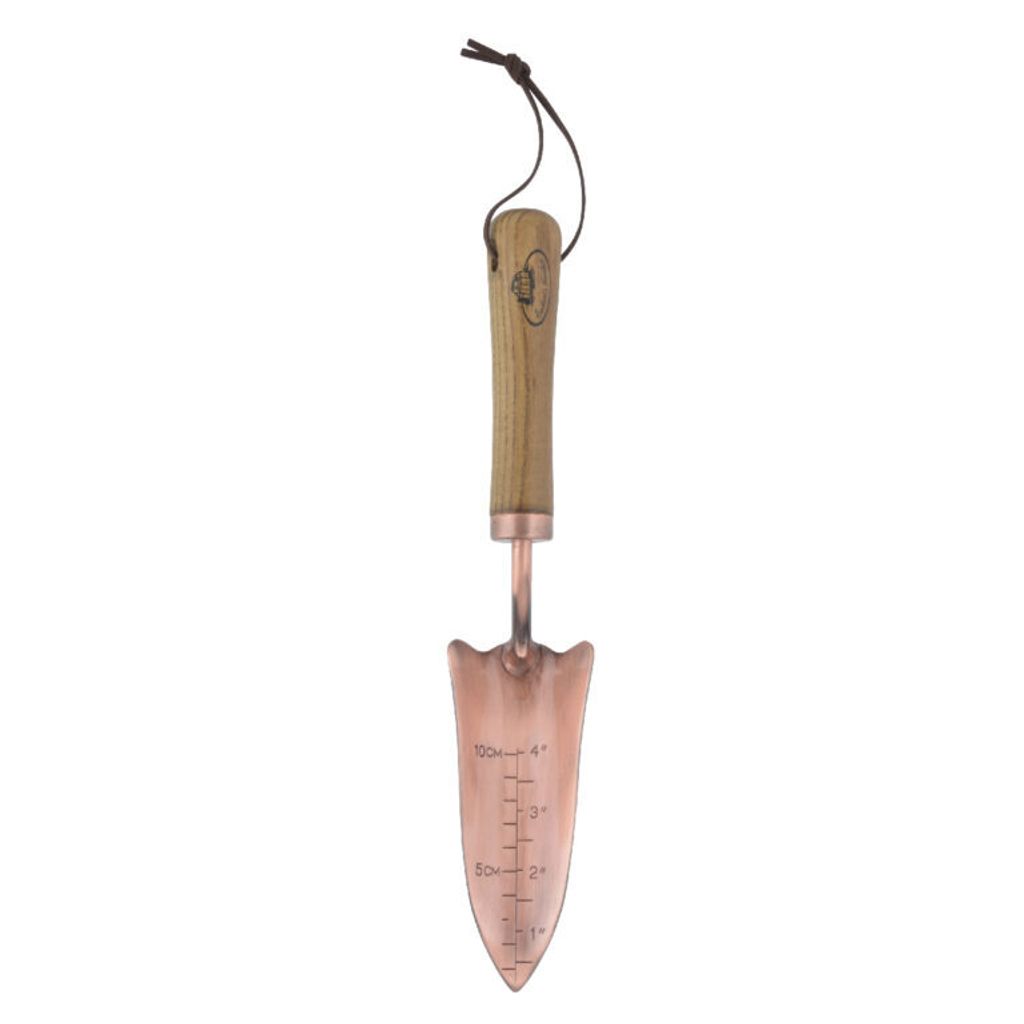 A single garden trowel with a wooden handle and copper-colored metal head, shown against a white background.