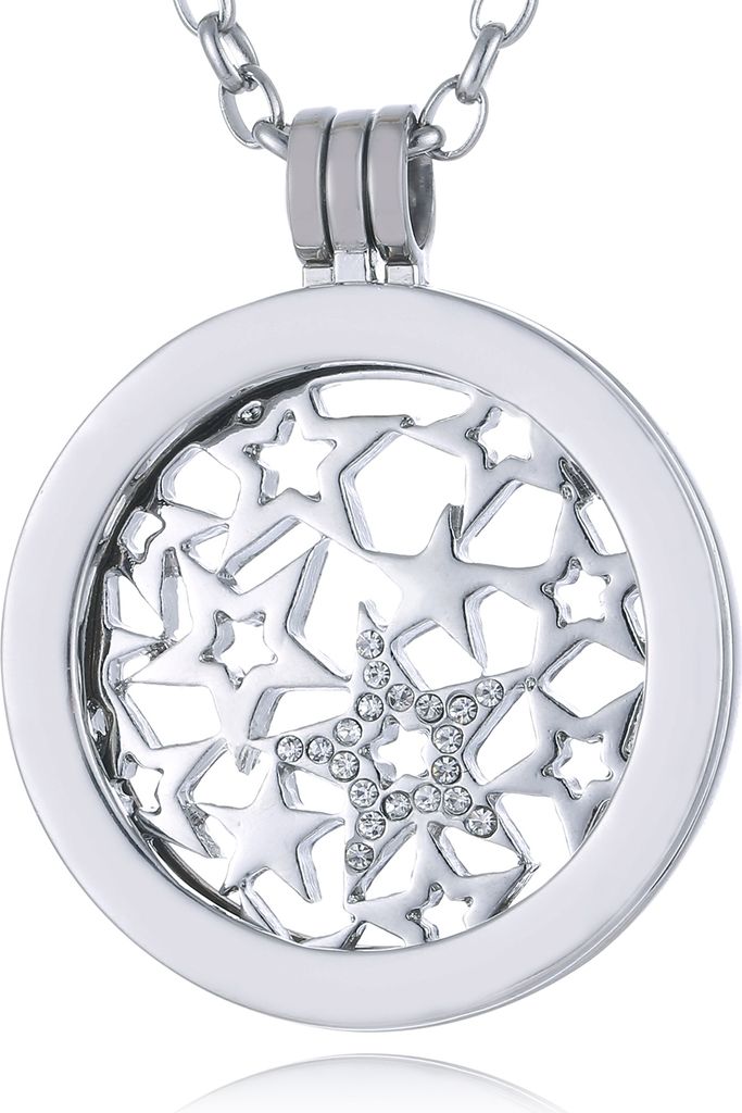 Morella Damen Halskette 70 cm Edelstahl mit Amulett und Coin 33 mm Sternenmuster silber in Schmuckbeutel