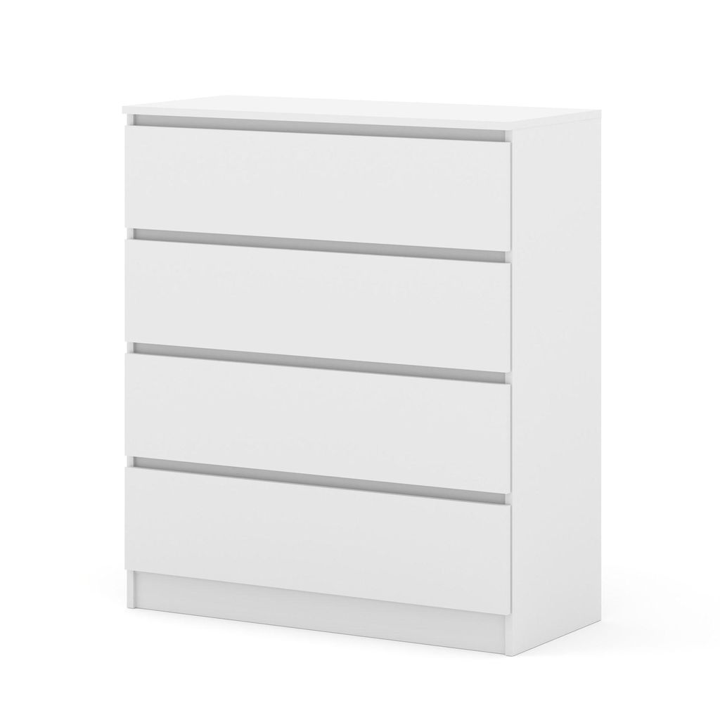 A white, four-drawer dresser against a white background.