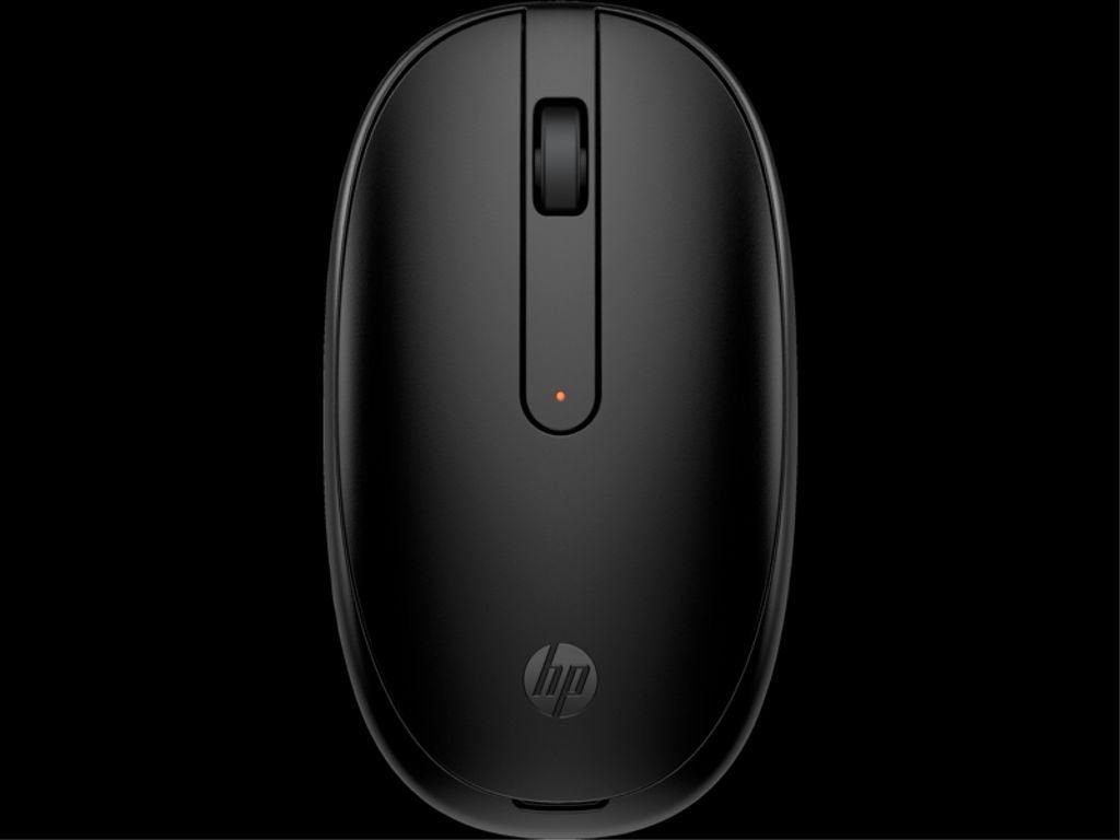 A top-down view of a black HP wireless mouse on a black background.
