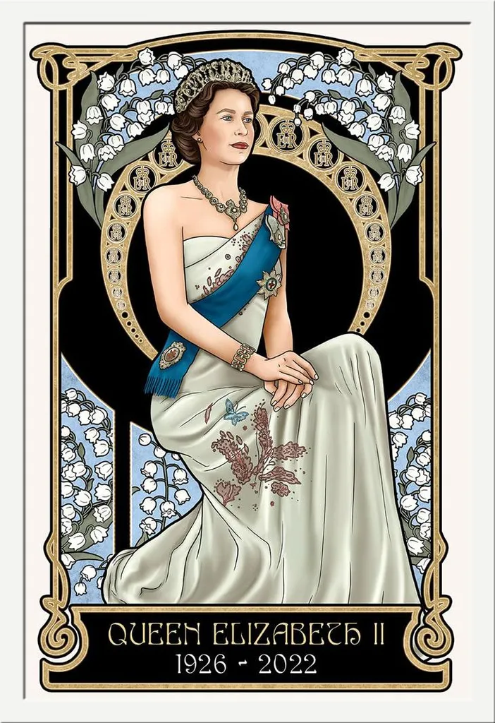Poster Regina Elisabetta II Art Nouveau con Cornice Shinsuke Bianco