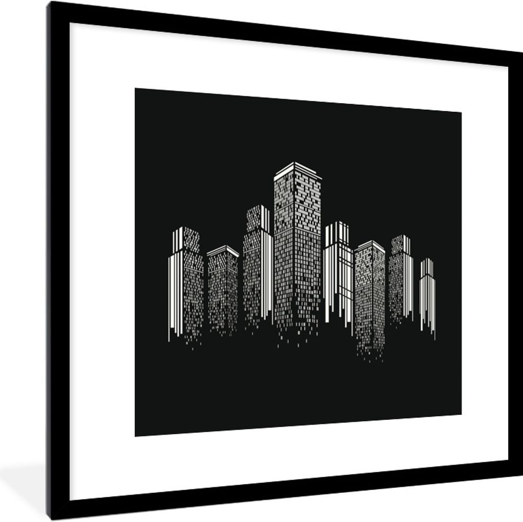MuchoWow Gerahmtes Poster Eine schwarz-weiße Illustration einer Skyline 40x40 cm - Poster mit Schwarzem Bilderrahmen Wandposter Rahmen Foto Bild...