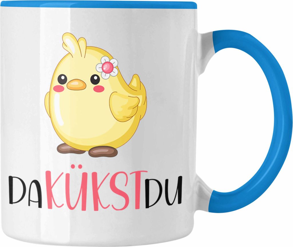Trendation - Lustige Küken-Tasse "Da Kükst Du" Witziges Geschenk für Wortwitz-Liebhaber (Blau)