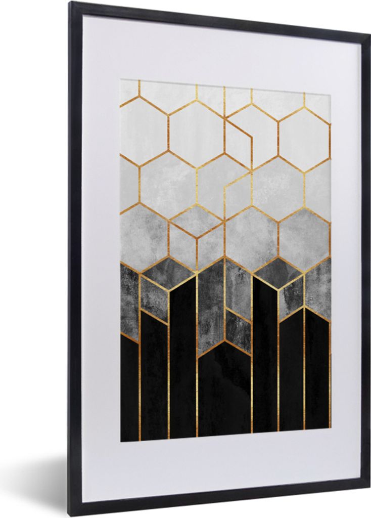 MuchoWow Gerahmtes Poster Gold - Sechseck - Chic - Muster - Luxus 40x60 cm - Poster mit Schwarzem Bilderrahmen Wandposter Rahmen Foto Bilder - Po...
