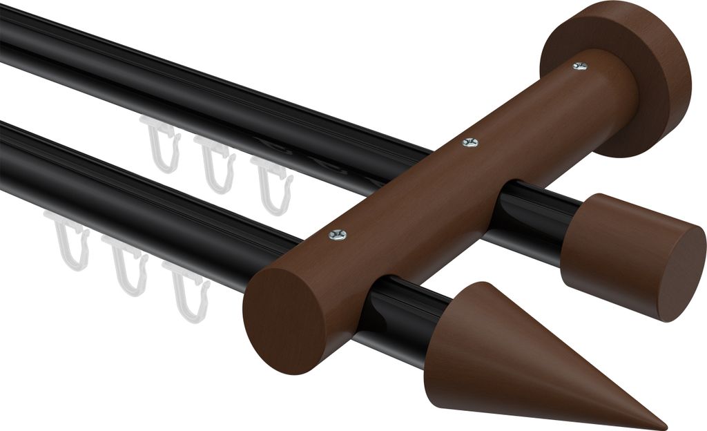 Interdeco Innenlaufstange / Gardinenstange mit Innenlauf Schwarz / Nussbaum lackiert, Typ Talent Siveo (Kegel), 20 mm Ø 2-läufig, 220 cm