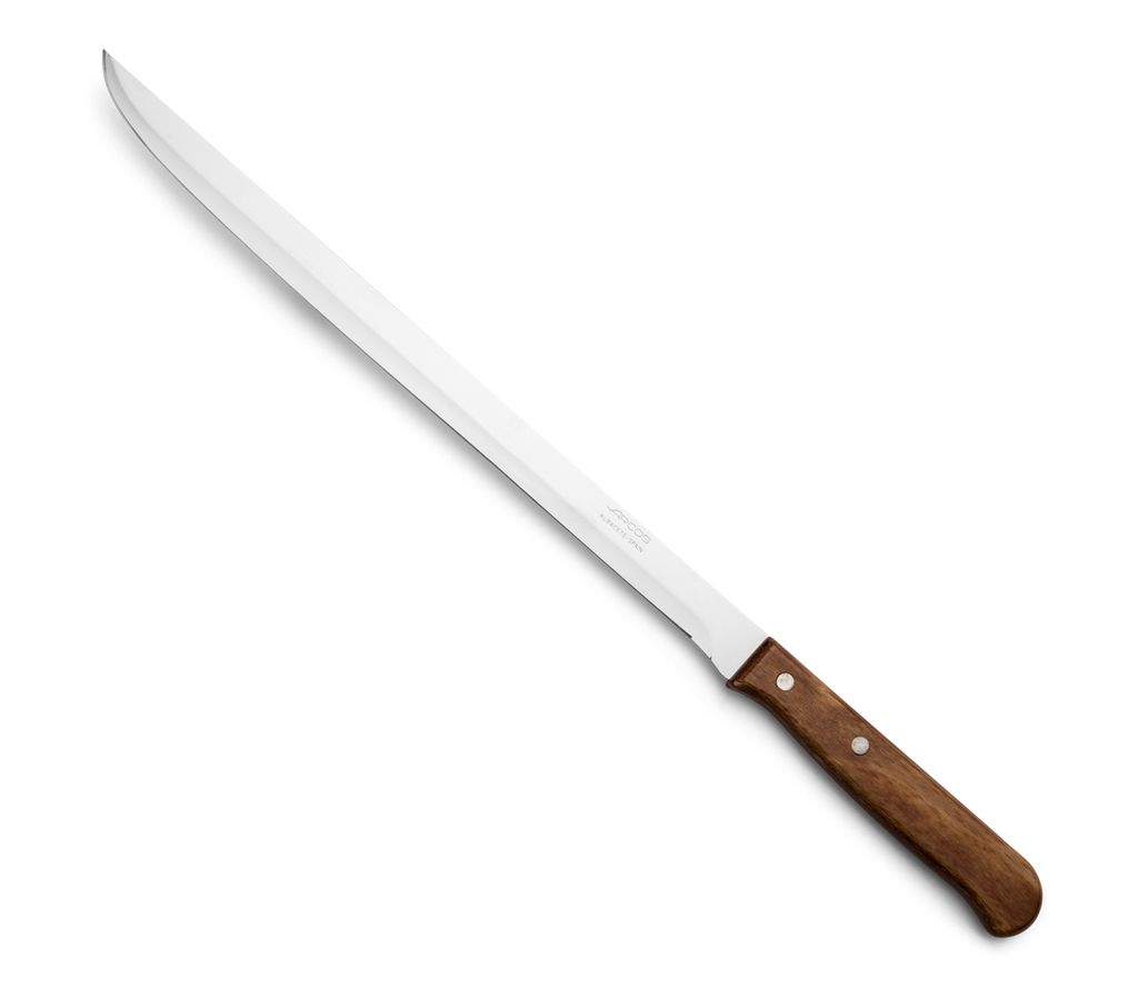 Schinkenmesser Arcos Latina 101300 aus Nitrum-Edelstahl und mango aus gepresstem Holz mit einer 25 cm langen Klinge in einer Box.