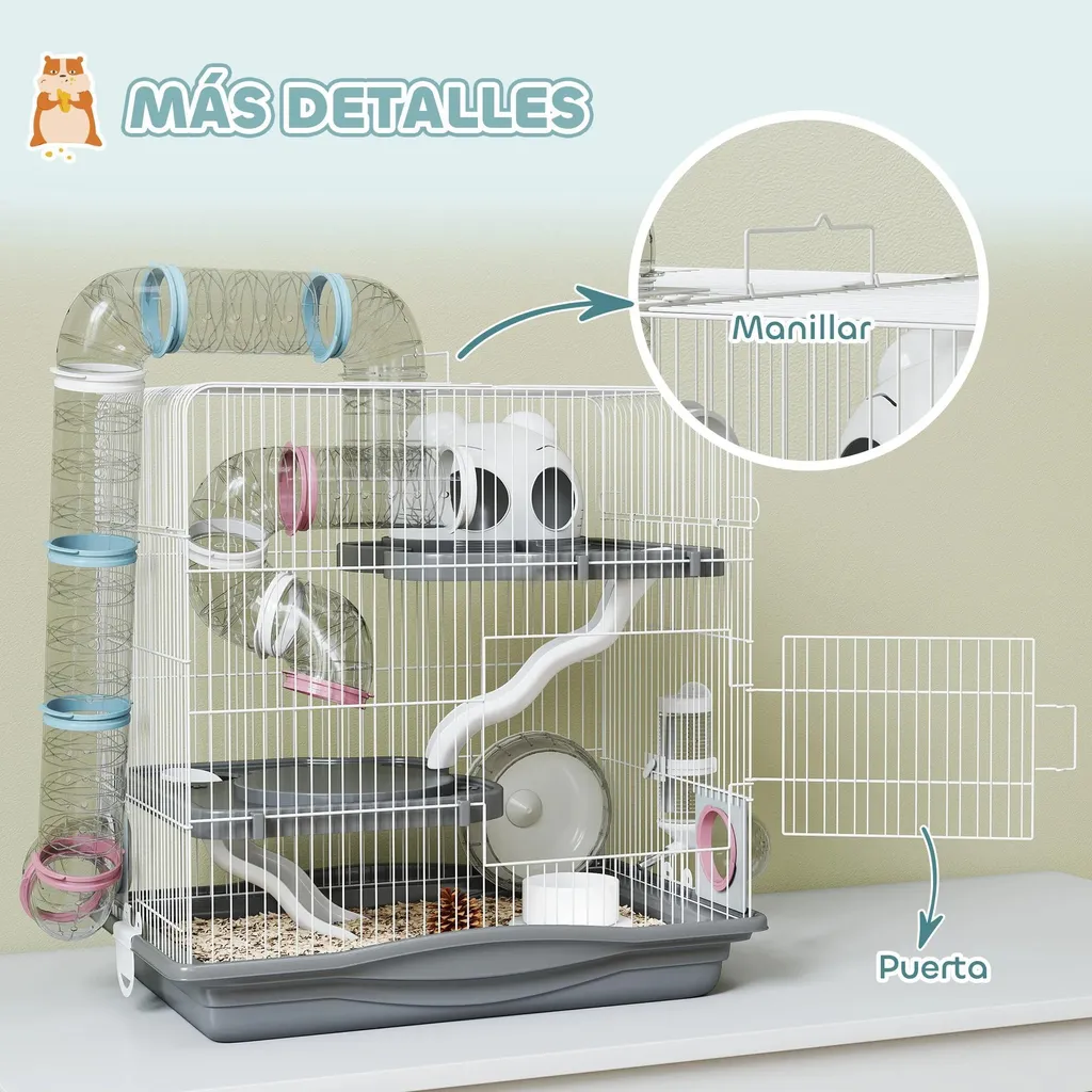 Cage pour hamster 45x30x45 cm avec tunnel et roue - Modèle Gris Anthracite - 9