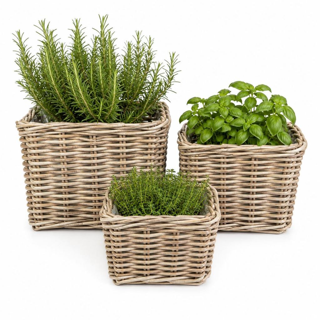 Rattan Pflanzkorb Set 3 Stück Natur – Übertopf / Blumentopf Produktbild 