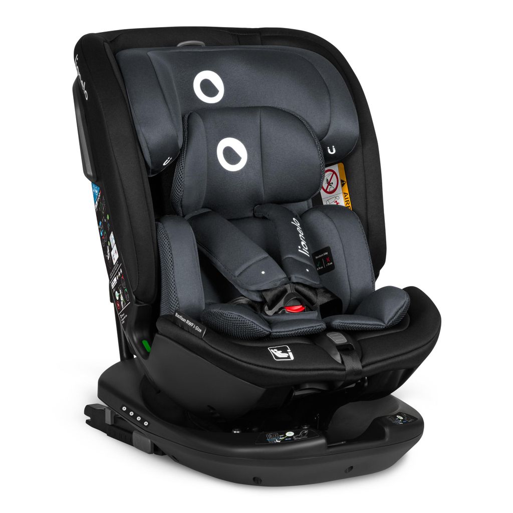 A black and gray child car seat is shown against a white background.