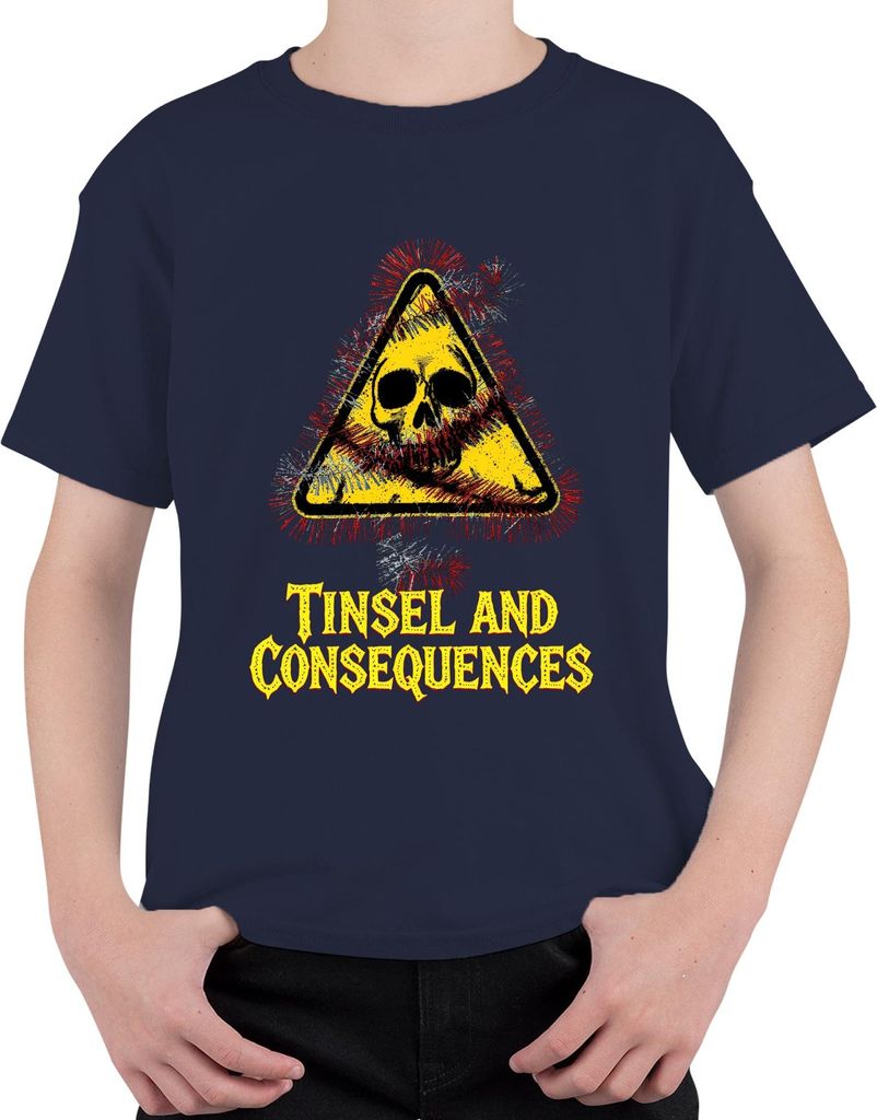Tinsel and Consequences Totenkopf Lametta Warnschild Weihnachten Uni Kinder T-Shirt, Navy, 104