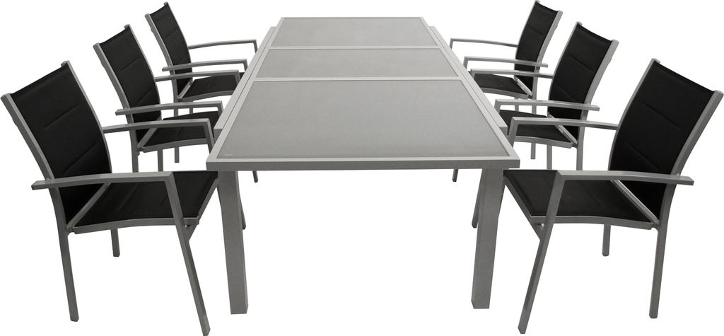 DEGAMO Gartengarnitur Essgruppe PISA 7-teilig, Aluminium silber + Kunstgewebe schwarz, 6x Stapelsessel, 1x Ausziehtisch 180/240x100cm