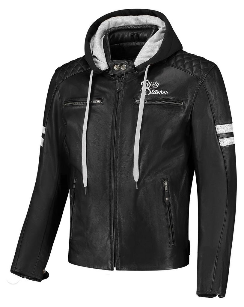 Rusty Stitches Jari Hooded V2 Motorrad Lederjacke, schwarz/weiß, XL