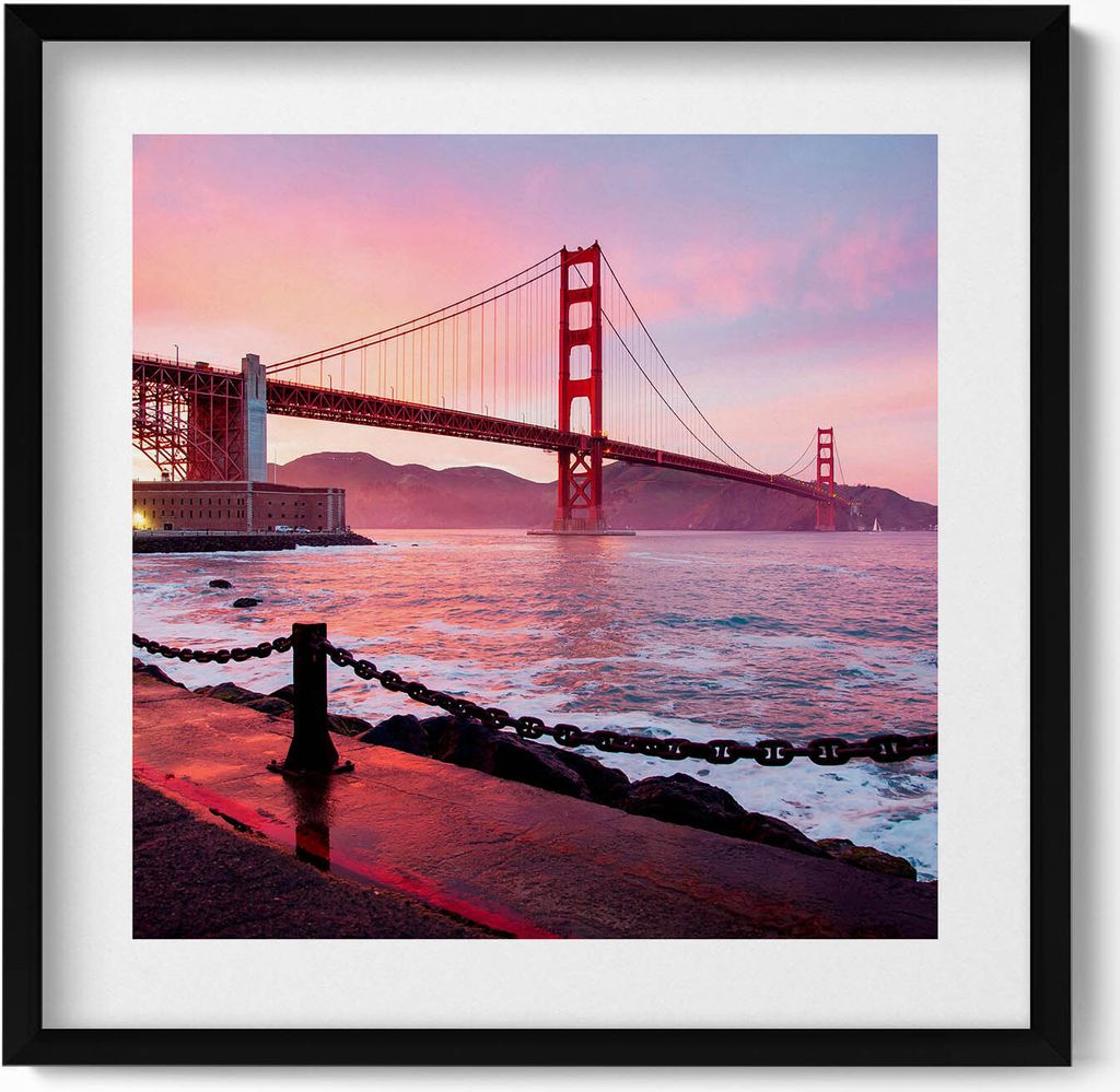 Blick auf die Golden Gate Bridge– Wandbild mit Rahmen – Gerahmtes Bild – Wanddekoration – 50x50 cm – Schwarz Rahmen