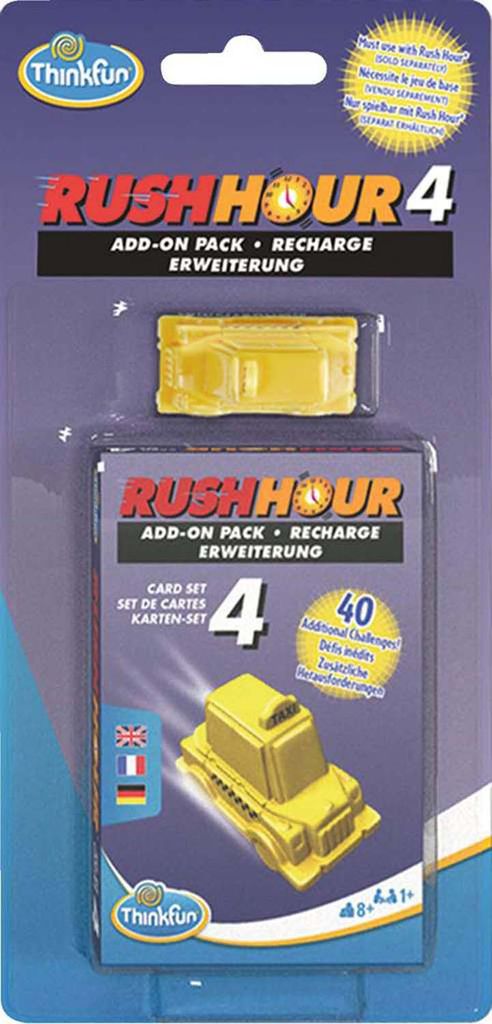 The image shows the retail packaging of a Rush Hour 4 add-on pack for a board game. The packaging is a blister pack containing a yellow game piece and a card set.
