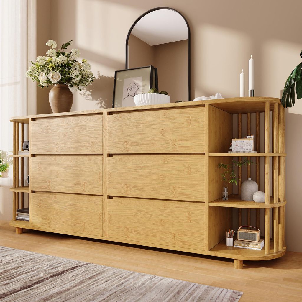 Merax Sideboard Römisches Design mit Säulen, Kommode mit 6 Schubladen und Bambus-Regale, Höhenverstellbare Füße, Wohnzimmer Flur Schrank