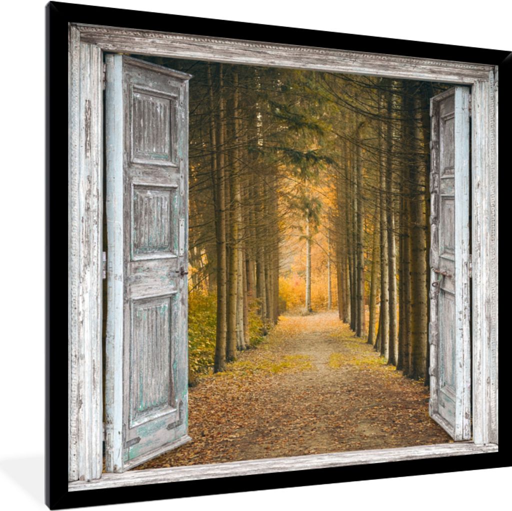 MuchoWow Gerahmtes Poster Wald - Herbst - Ausblick 40x40 cm - Poster mit Schwarzem Bilderrahmen Wandposter Rahmen Foto Bilder - Mit Rahmen - Wand...
