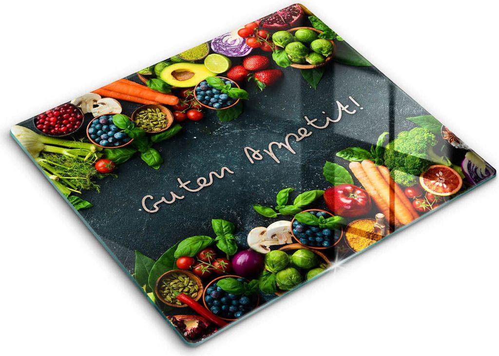 Glasschneideplatte - Herdabdeckplatte - 60x52 cm - Schneidebrett - Spritzschutz - Hindernis und Gemüse, Guten Appetit!