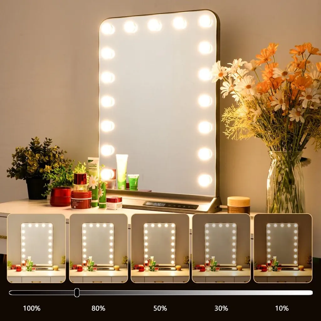 Miroir cosmétique lumineux LED avec écran LCD et ports de charge USB C