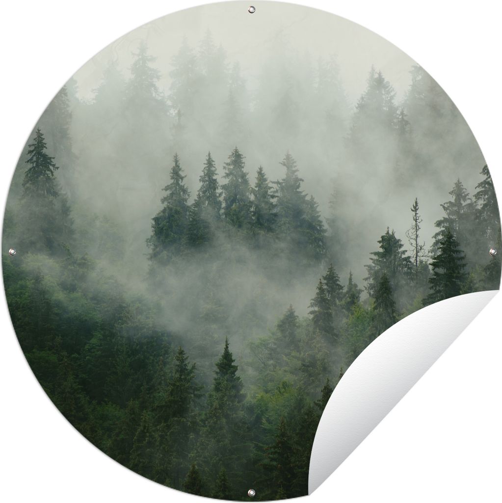 MuchoWow Gartenposter Outdoor-Poster Rund Wald - Nebel - Bäume - Natur Ø 60 cm Gartendeko Rundes Poster draußen