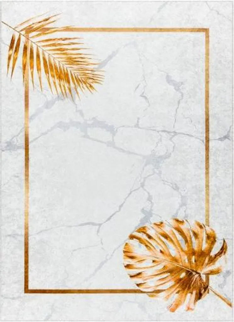 Tapis design motif feuilles gris et doré Leaves, textile doux 80x150cm