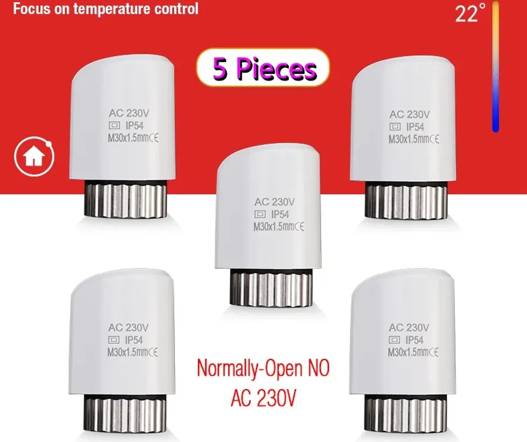 Lot de 5 thermoacteurs AC 230V Type 1 Normalement Ouvert (NO)