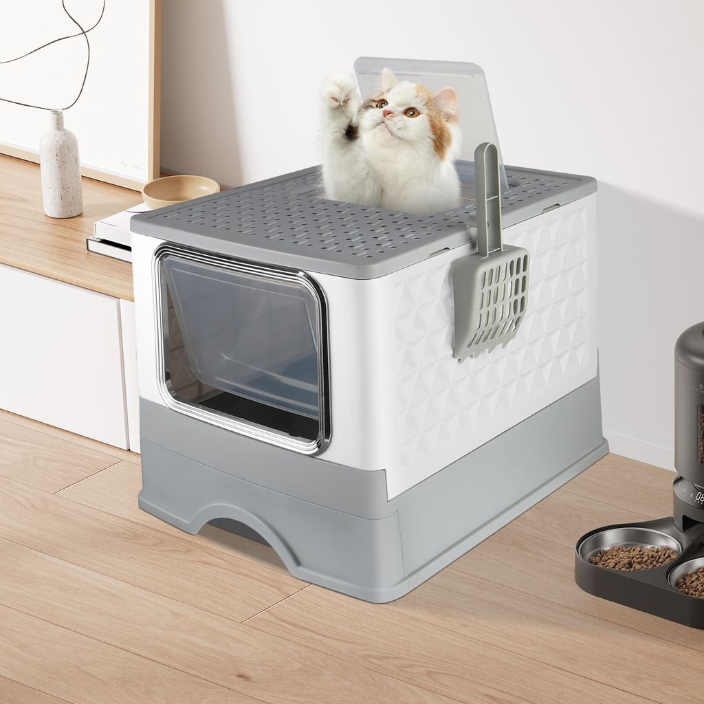 Katzenklo mit Ausziehbares Tablett,Katzentoilette Geschlossenes,Geruchskontrolle,Ausgang oben,für Katzen bis 15kg 52x39x39cm Grau