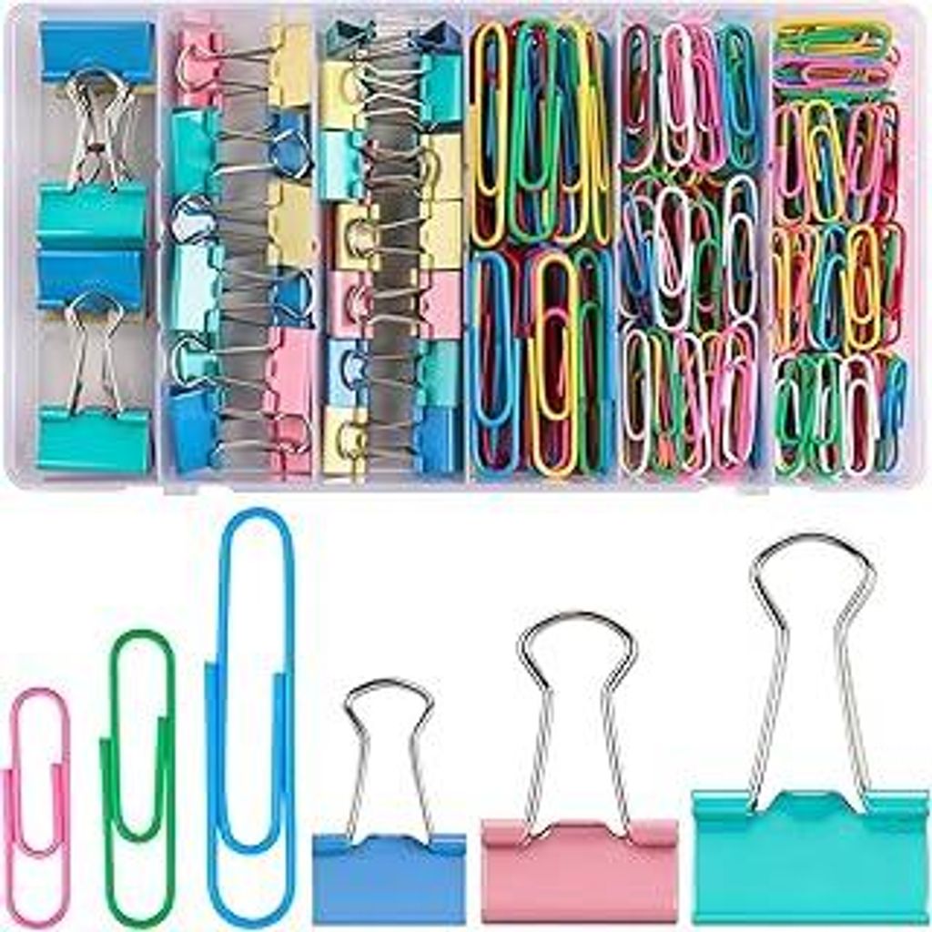 Caianwin 300 Stück Foldback Klammern und Büroklammern, 40/32/25mm Bunt Binder Clips, 55/33/28mm Paper Clips Vielzweckklammern, Dokumenten Clips P...