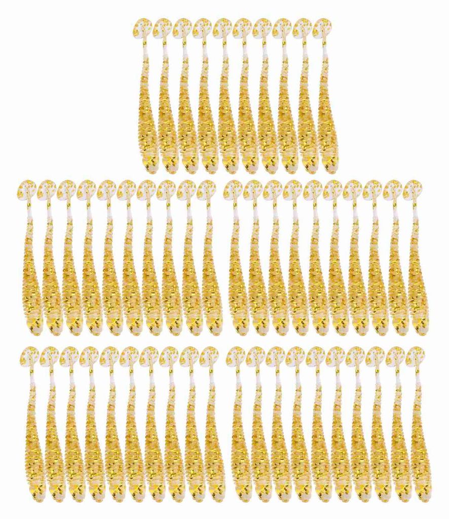 50 Stück 5 cm weiche Kunststoff-Angelköder, T-Tail-Grub-Wurmköder, Angelzubehör, goldfarben