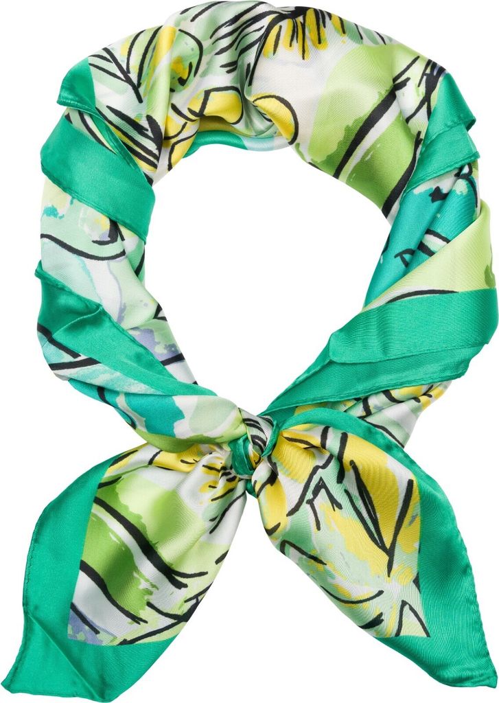 styleBREAKER Damen Halstuch mit Palmen Blätter Blüten Muster im Popart Style, Tuch Quadratisch, Vierecktuch Bunt, Kopftuch 01016237
