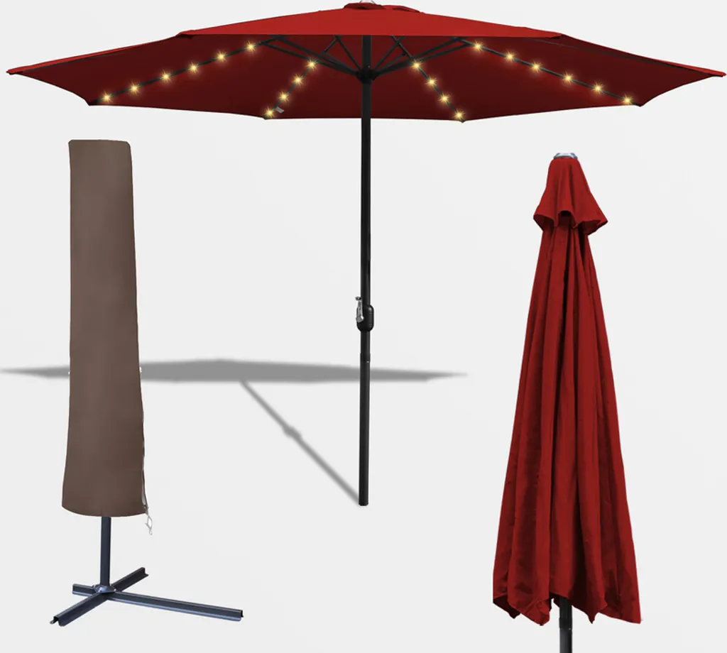 Jopassy Ombrellone da giardino da 3 m con LED solare e copertura protettiva Ombrellone da terrazza UV40+ con manovella Ombrellone da balcone, rosso, 3 m