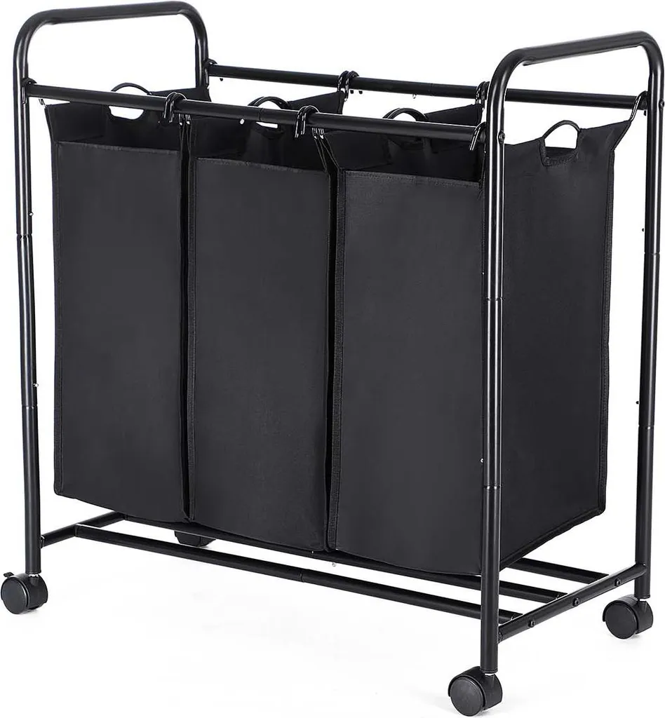 Panier à linge amovible 3 x 44 L noir - Bac de tri à roulettes robuste
