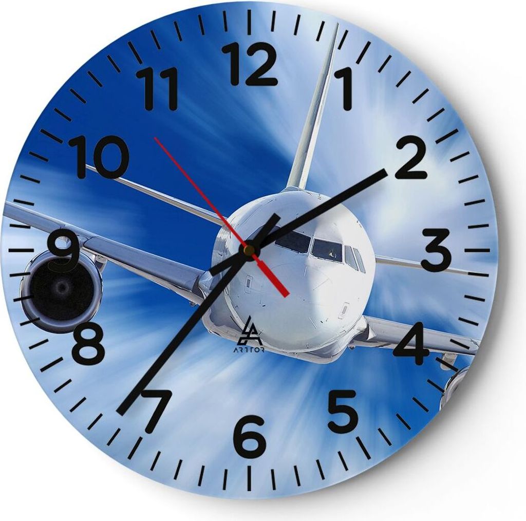 Wanduhr - Rund - Glasuhr - Luftfahrt Flugzeug Flug - 30x30cm - Schleichendes Uhrwerk - Lautlos - zum Aufhängen bereit - Dekoration Modern - Wandde...