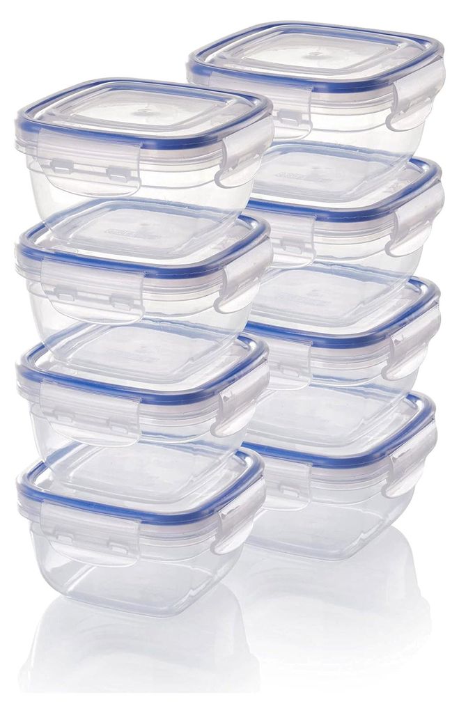 Set aus Kunststoff-Frischhaltedosen, 8 Vorratsdosen mit Deckel, quadratisch, stapelbar, bruch-, mikrowellen- und spülmaschinenfest