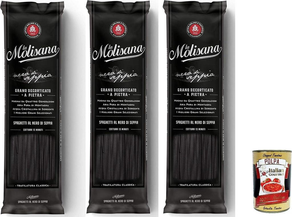La Molisana Spaghetti al Nero di Seppia, 100% Italienisch Pasta Nudeln, 3 x 500g + Italian Gourmet polpa 400g