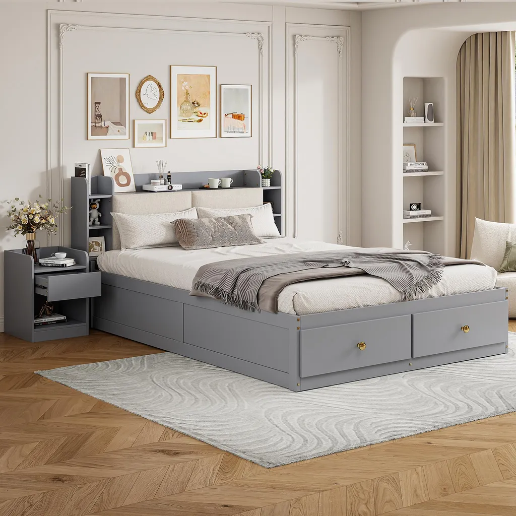Lit double combiné gain de place 140x200, bois gris avec rangements - 3