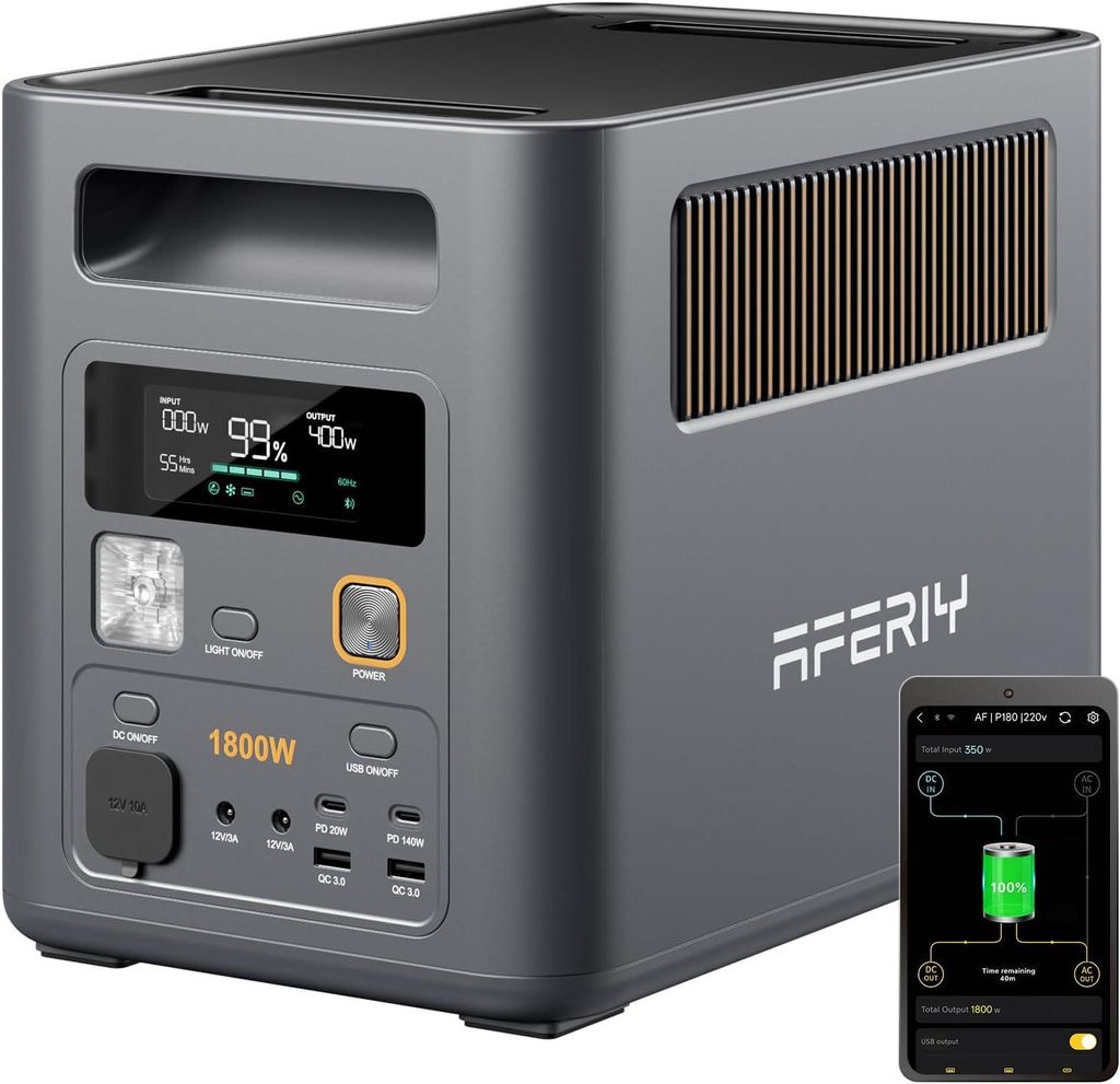 AFERIY Nomad 1800Pro Powerstation 1024Wh LiFePO4 – 1800W AC, erweiterbar auf 5,1kWh, 1 Std. Schnellladung