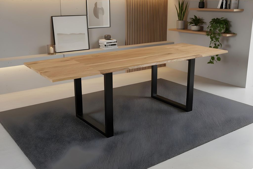 Esstisch 140(220)x80 cm mit Ansteckplatten Baumkante Wildeiche massiv U-Gestell schwarz SERRA